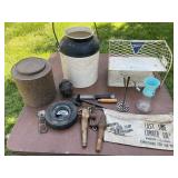 Antique/vintage items, including wooden whiskey,