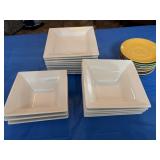 Pottery, barn, white square plates and bowls,