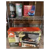 Two burner table, top grill and stove, battery