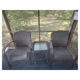 Two resin wicker, outdoor chair, chairs and side