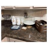 Canister set, cake, stand, trivet, and Wood great