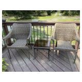 Pair of wicker chairs, and metal glass top side