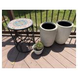 Outdoor accent table, two planters and cactus