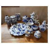 Blue and white glassware and rooster and hen salt