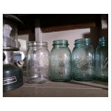 Green ball jars, small glass containers one