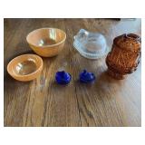 Two blue miniature, covered candy, dishes, amber,