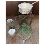 PROPANE fish Fryer dip net, old percolator, and