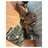 Camo duffel bag, backpack, plastic, ammo boxes,