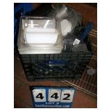BLACK CRATE: ASSORTED POTS & PLASTIC TINS BLACK CRATE: ASSORTED POTS & PLASTIC TINS
