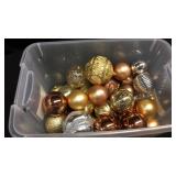 Box of gold and silver Christmas ornaments