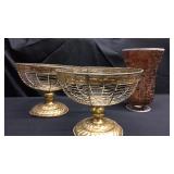 Two metal baskets and one glass vase autumn colors