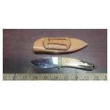 Unique knife: antler handle engraved w/ leather