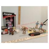 Fox fire figurines, energizer bunny bobblehead,