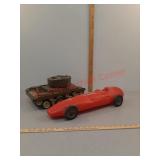 Lot of vintage toy tank and racecar