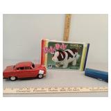 Roly-Poly the friendly calf, red metal car, blue