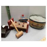 Vintage toys, metal drum and top, zipees skates,