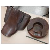 primitive wood hat shaper? & leather saddle