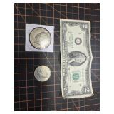 $2 note, 1977 Ike dollar and silver 1967 Half