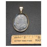* Lucite oval etched rose pendant gold tone bezel