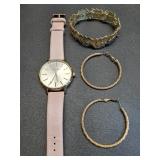 * Gold tone earrings, stretch bracelet, & watch