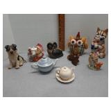 Mini tea pots, owl , dog & turkey figurines