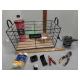 Metal basket, mini fan (works), pliers,  tumbler