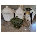 Pyrex coffee carafe, stoneware canisters
