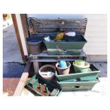 Plastic flower garden planters, wood bench +++
