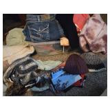 Clothing, hats, garden flags, blanket in tote