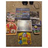 Puzzles, tote, toys & wood shelf