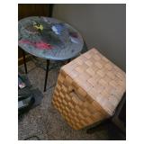 Wicker basket hamper & painted glass small table