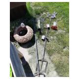 Stone planter,  bird feeders, sheppard hooks