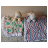 2 crocheted baby blankets, 2 stuff musical lambs