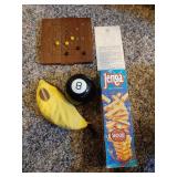 Jenga, Bananagrams,  magic 8, Nine Men
