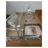 Glass cloches, Bella Casa clock, candle holder +