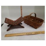 Vintage hand carved folding book rack & woven