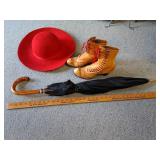 Ladies hat, boots & umbrella