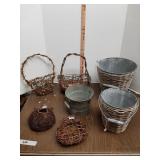 3 galvanized decor buckets, 4 wicker woven