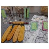 Bent fork place card holders, lace table cloths,