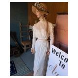 Vintage dress, boots, & straw hat with bird &