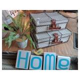 2 metal mesh suitcases (18x13 & 16x11) 4pc wood