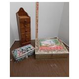 Tin box & contents,  jewelry box & wood box with