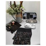 Galvanized pitcher,  scarfs & purses
