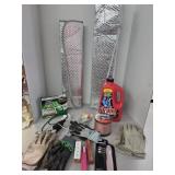 Drano, sunshade, speaker wire, work gloves +