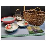 Large wicker basket, Pioneer Woman serving bowls,