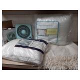 2 pillows,  throw & fan new in box