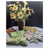 Silk flower arrangement, vintage clutch purses,