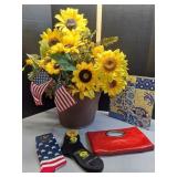Sunflowers arrangement, clutch purse, fun socks &