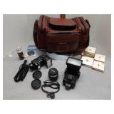 Rustic camera bag , accessories,  Vivitar flash,