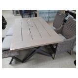 > Metal patio table 67x39, vinyl weave bench, 2